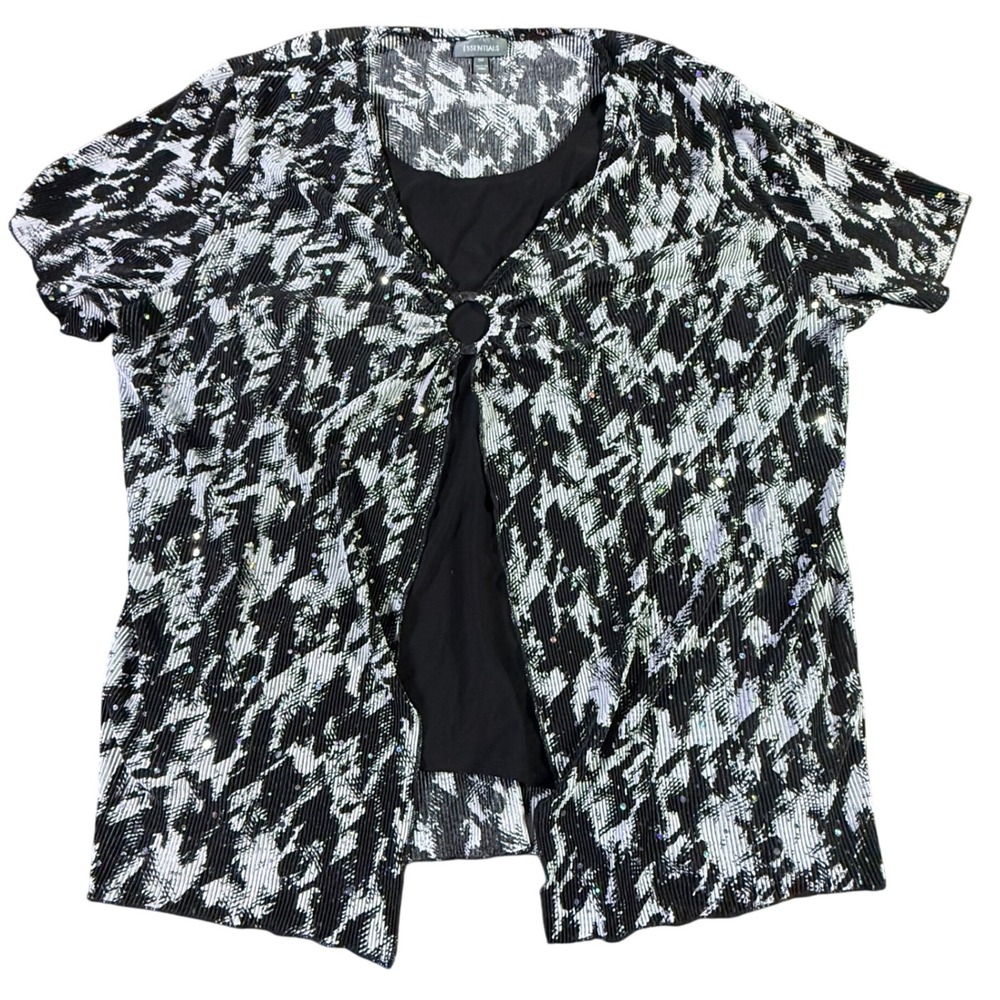 Essentials Blouse Top Sequined Open Front Black White‎ 3X